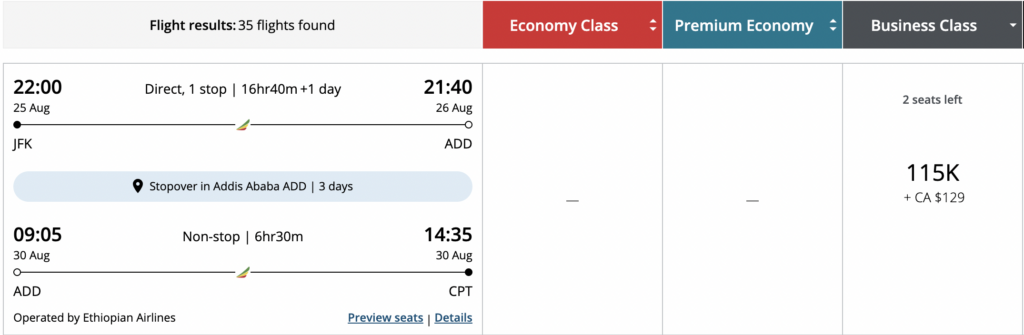 This Aeroplan award search result shows a business class itinerary from New York (JFK) to Cape Town (CPT) with a 3-day stopover in Addis Ababa (ADD).