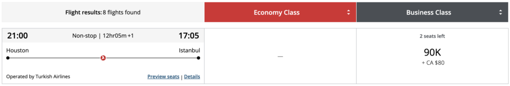 This screenshot shows an Aeroplan award search result for a nonstop Turkish Airlines flight from Houston (IAH) to Istanbul (IST).