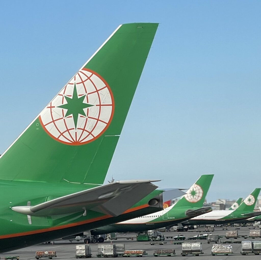 An image of EVA Air tail fins.