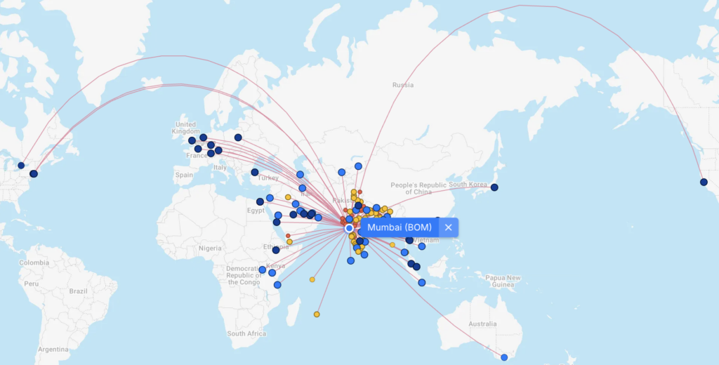 This screenshot shows all the non-stop destinations for flights departing Mumbai.